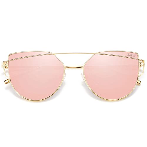 SOJOS Cat Eye Sunglasses for Women Fashion Designer Style Mirrored Lens SJ1001 Gold Frame/Pink Lens