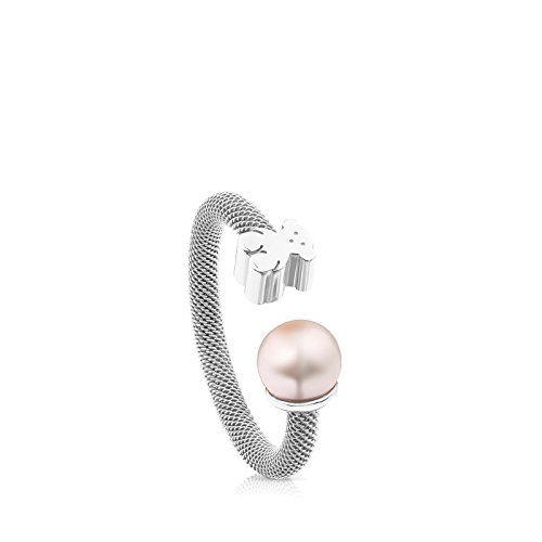 TOUS Icon Mesh 925 Silver Ring with White Chinese-Freshwater-Cultured Pearl 6.5-7.0 mm