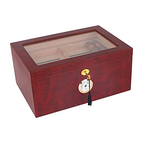 Mantello Cigar Humidor - Large Glass-Top Humidifier Box with Hygrometer & Removable Cedar Tray - Classic Wooden Storage Container with Lock and Divider - Best Cigar Accessory Gift for Men - Holds 50-100 Cigars