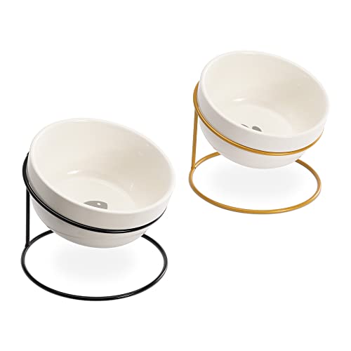 Navaris Tilted Pet Bowls with Stand (Set of 2) - Elevated Ceramic Cat Food Bowl Set for Cats and Small Dogs with Metal Wire Stands - Black and Gold