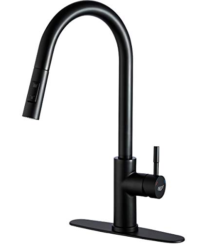 FRUD Kitchen Faucet with Pull Out Sprayer Stream and Spray Mode High Arc Single Handle Kitchen Sink Faucet with Deck Plate, Commercial Modern rv Stainless Steel Kitchen Faucets, Matte Black