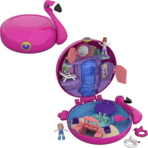 Polly Pocket Mini Toys, Compact Playset with 2 Micro Dolls and Accessories, Flamingo Floatie, Travel Toys for Kids (Amazon Exclusive)