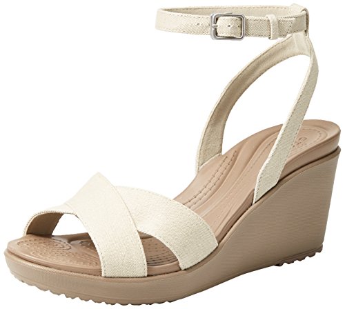 Crocs Women's Leigh II Cross-Strap Ankle Wedges Sandal, Oatmeal/Mushroom, 4