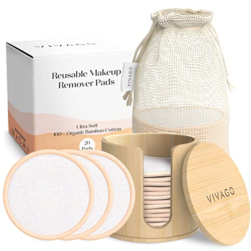 VIVAGO Reusable Makeup Remover Pads - 20 Pieces Soft Organic Cotton Rounds with Washable Drawstring Laundry Bag & Bamboo Holder - All Skin Type Skincare Set Facial Cleaning Cloth
