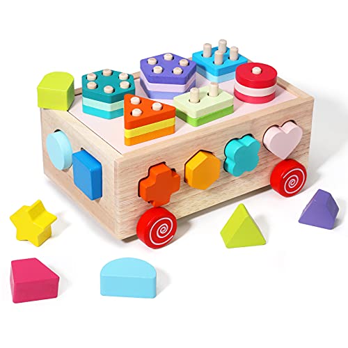 Montessori Toys for 1 2 3 Years Old Toddlers, Wooden Shape Sorter Toys Gifts for Baby Boys Girls 1-3, Sorting & Stacking Educational Learning Shape Color Puzzle Blocks Toys