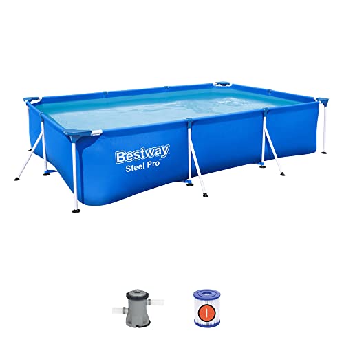 Bestway 56412E Steel Pro 9.8 x 6.6 x 2.2 Foot Outdoor Rectangular Frame Above Ground Swimming Pool Set with 330 GPH Filter Pump and Repair Patch, Blue