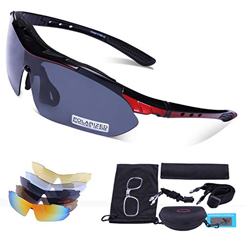 Sport Sunglasses, Carfia Polarized Sunglasses for Men Women with 5 Interchangeable Lenses, TR90 Ultralight Frame, Running Driving Skiing Golf Baseball Fishing Cycling Sunglasses