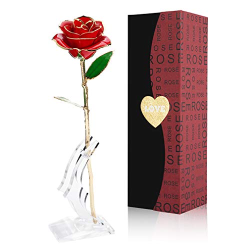 Gifts for Mom NICEAO 24k Gold Rose Mothers Day, Artificial Flowers Red Rose Flowers Artificial for Decoration, Long Stem with Transparent Stand, Golden Rose Girlfriend Gift, Wedding Flowers