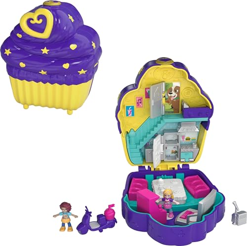 Polly Pocket Playset, Travel Toy with 2 Micro Dolls & Surprise Accessories, Pocket World Cupcake Compact, Food Toy