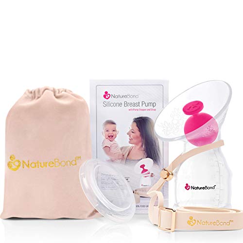 NatureBond Silicone Breastfeeding Manual Breast Pump Milk Saver Suction. All-in-1 Pump Strap, Stopper, Cover Lid, Carry Pouch, Air-Tight Vacuum Sealed. BPA Free