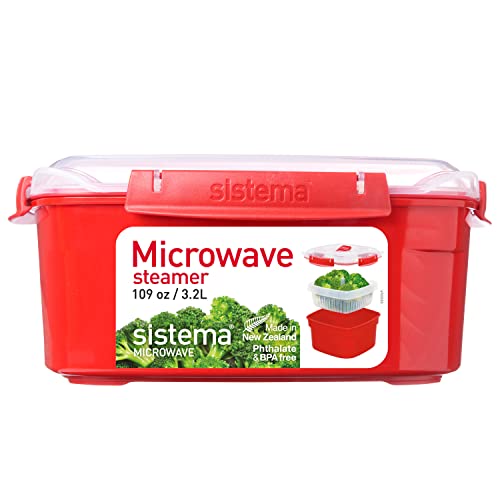 Sistema Microwave Steamer for Cooking Food and Vegetables with Steam Release Vent, Dishwasher Safe, 13.6 Cup, Red