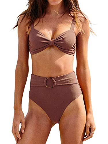 CUPSHE Women's Bowkont Front Bikini Set Tummy Control High Waisted Belted Bathing Suit, M Brown