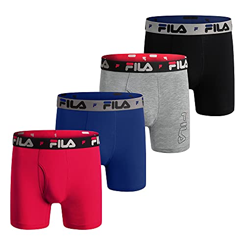 Fila Men's 6' Boxer Briefs with Fly Front, 95% Cotton, 5% Spandex Briefs, 4-Pack, Blue, 4X-Large