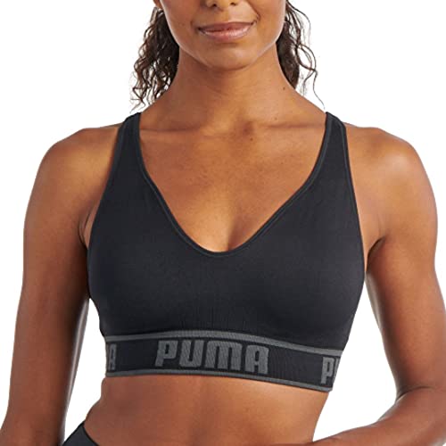 PUMA Women's Seamless Sports Bra, Black/Grey, Large