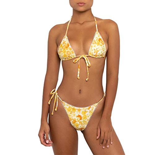 Women's Two Piece Bikini Swimsuit Set Floral Padded Top Tie Side Triangle Thong Bathing Suit Yellow
