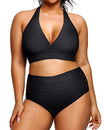 Yonique Womens Two Piece Plus Size Halter Bikini Swimsuits High Waisted Swimwear Tummy Control Bathing Suits Black 16Plus