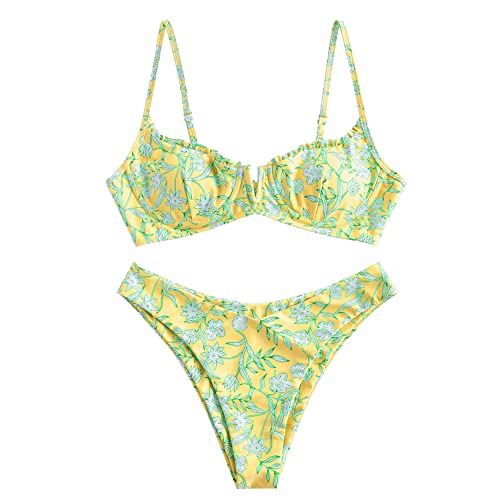 ZAFUL Women's Floral V-Wired Underwire High Leg Two Piece Bikini Set Swimsuit (N-Yellow, M)