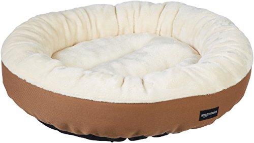 Amazon Basics Round Bolster Dog Bed with Flannel Top, 20-Inch, Brown and Ivory