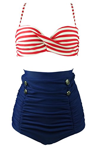 COCOSHIP Red Beige White Stripe & Navy Blue High Waisted Bikini Buttons Vintage Bathing Suit Ruched Swimwear XL(US10)