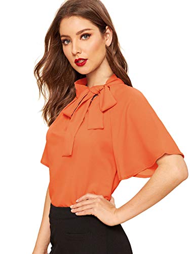 SheIn Women's Casual Side Bow Tie Neck Short Sleeve Blouse Shirt Top Large Light Orange