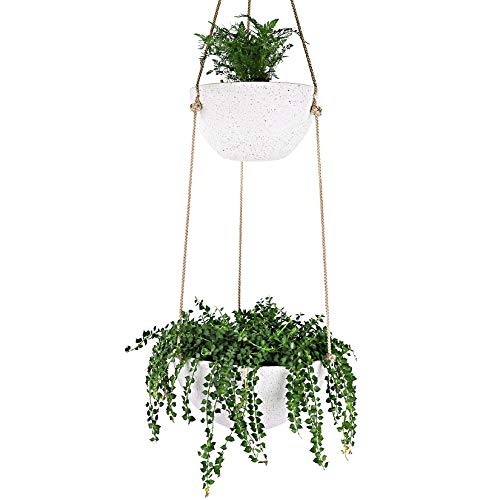 LA JOLIE MUSE 2 Tier Hanging Planters for Indoor & Outdoor Plants - Modern Flower Pots with Rope, Garden Planters with Drain Holes, Speckled White
