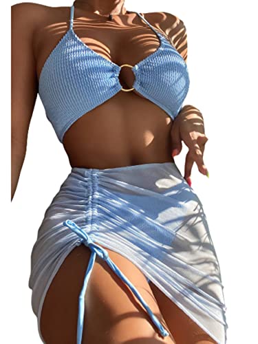 MakeMeChic Women's 3 Piece Bathing Suits Halter Ring Bikini Set with Cover Up Skirt Light Blue S