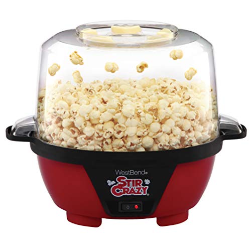 West Bend 82505 Stir Crazy Electric Hot Oil Popcorn Popper Machine Offers Large Lid for Serving Bowl and Convenient Storage, 6-Quart, Red