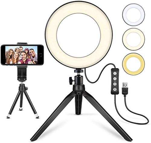 LED Ring Light 6' with Tripod Stand for YouTube Video and Makeup, Mini LED Camera Light with Cell Phone Holder Desktop LED Lamp with 3 Light Modes & 11 Brightness Level (6')