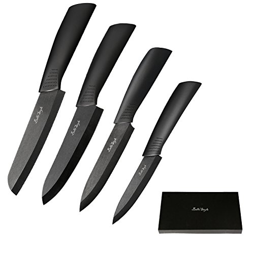 Ceramic Knife Set, BELLESTYLE Rust Proof and Stain Resistant Professional Knife and Peeler Utensils(Include 6' Bread Knife, 6' Chef Knife, 5' Utility Knife, 4' Fruit Knife),Black