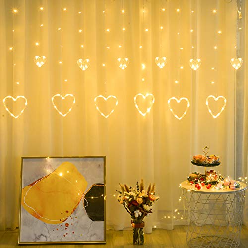 LOLStar Valentine's Day Heart-Shaped LED Curtain String Lights,138 LED 12 Valentine Hanging String Lights, Connectable 8 Flashing Modes Window Light for Valentine's Day Decorations