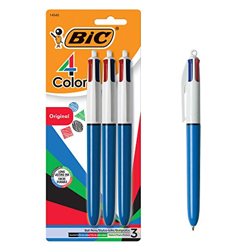 BIC 4-Color Retractable Ballpoint Pen, Medium Point (1.0mm), Assorted Colors, With Long-Lasting Ink, 3-Count