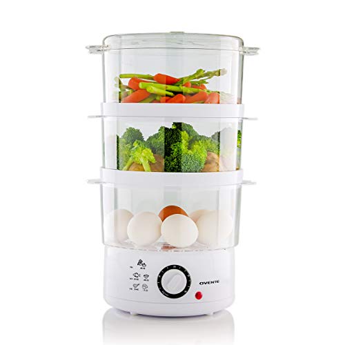 Ovente Electric Food Steamer 7.5 Quart with 3 Tier Stackable Portable BPA-Free Baskets for Cooking Vegetable and Fish, 400 Watt Power Countertop Steamer Fast Steaming with 60-Minute Timer, White FS53W