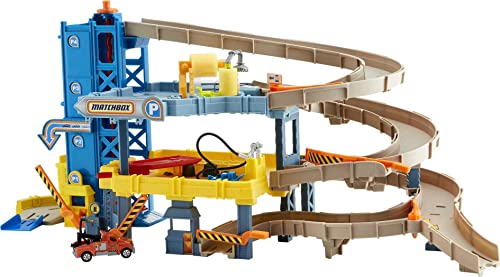 Matchbox Cars Playset, 4-Level Toy Garage with Track Play, Kid-Powered Elevator, Car Repair Station, Spiral Ramp, With 1:64 Scale Toy Tow Truck (Amazon Exclusive)