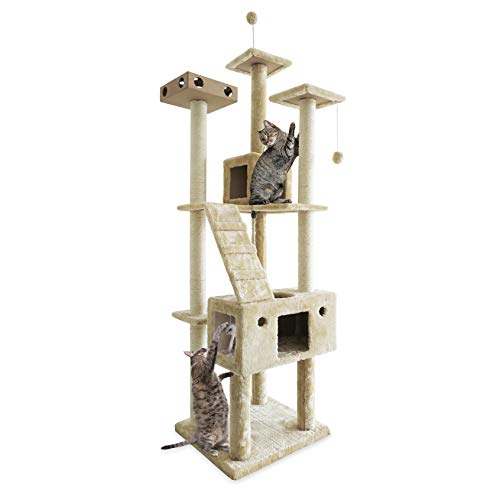 Furhaven Pet Furniture for Cats and Kittens - Tiger Tough Cat Tree Tower Interactive Playground with Toys and Condo, Double Decker Playground, Cream