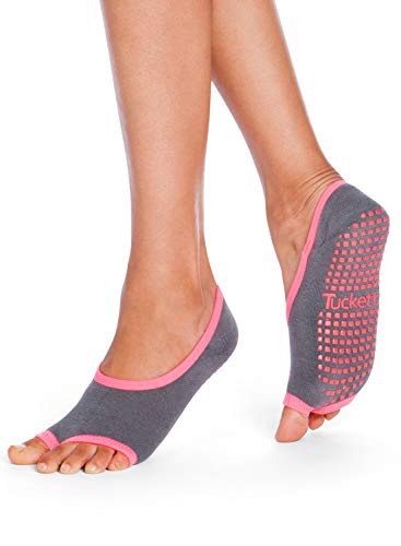 Tucketts Ballerina Toeless Non-Slip Grip Socks, Made in Colombia, Ballet Flat Style Perfect for Barre, Pilates, One Size Fits Most, 1 Pair, Gray & Pink