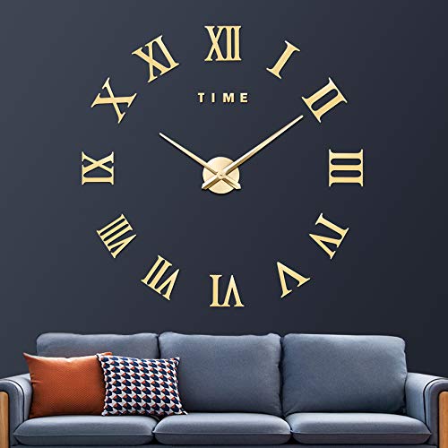 VREAONE Large 3D DIY Wall Clock, Giant Roman Numerals Clock Frameless Mirror Big Wall Clock Home Decoration for Home Living Room Bedroom Wall Decorations(Gold)