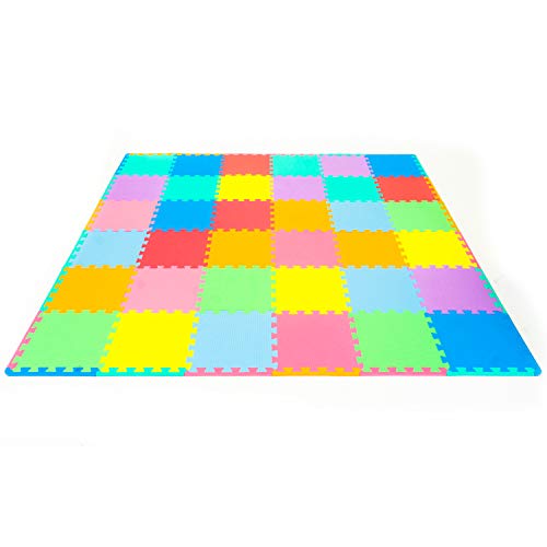 ProSource Kids Foam Puzzle Floor Play Mat with Solid Colors, 36 Tiles (12”x12”) and 24 Borders, Assorted - 36 Tiles