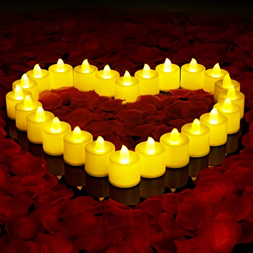 2000 Pieces Artificial Rose Petals with 24 Pack Romantic Flameless Led Candles Battery Operated Tea Lights Candles for Romantic Night Valentine's Day Anniversary Wedding Table Decor -Yellow