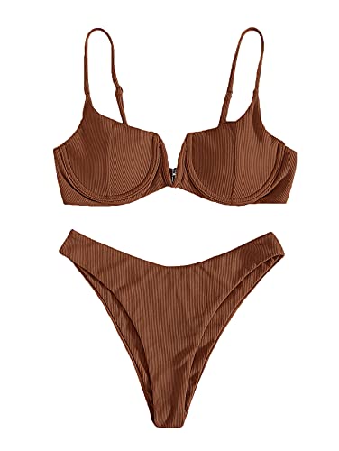 SheIn Women's 2 Piece Bikini Set High Cut Push Up Underwire Bra Bathing Suit Brown Medium