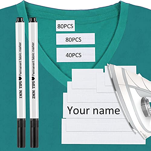 200 Pieces Pre-Cut Iron On Clothing Labels and 2 Pieces Permanent Fabric Marker Laundry Marker Personalized Clothing Name Tags for Nursing Homes, Camp, College, Day Care and Uniforms, 3 Size