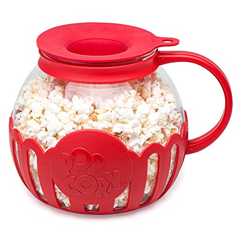 Ecolution Original Microwave Micro-Pop Popcorn Popper Borosilicate Glass, 3-in-1 Silicone Lid, Dishwasher Safe, BPA Free, 3 Quart Family Size, Red