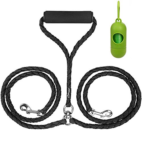 Peteast Double Dog Leash, Dual dog leash 360° Swivel Durable No Tangle & Soft Handle Dog Leashes with waste bags dispenser for Two Dogs