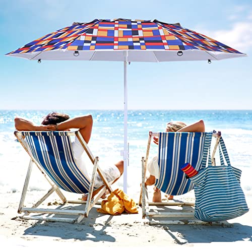 8FT Large Beach Umbrella, Portable Outdoor Umbrella with UPF50+ UV Protection, 2 in1 Sun Umbrella, Window,Air Vents, Sand Anchor, Push Button Tilt Pole, Windproof Sunshade Shelter for Beach, Sand, Patio, Yard(Lattice)
