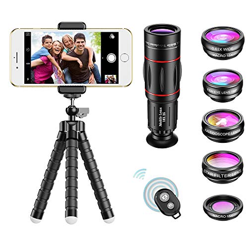 APEXEL Phone Camera Lens with 18x Telephoto Lens+Fisheye,Macro/Wide Angle Lens+Star,Kaleidoscope Filter+Tripod and Shutter 8 in 1 Cell Phone Lens Kit Fit For iPhone and other Smartphone