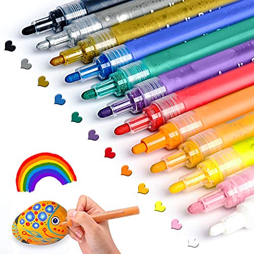 JR.WHITE Acrylic Paint Pens Paint Markers for Rock Painting, Canvas, Wood, Glass, Fabric, Metal, Plastic, Arts Crafts Easter Eggs, Pumpkin, Scrapbooking Supplies, Graffiti Markers for Adults Kids