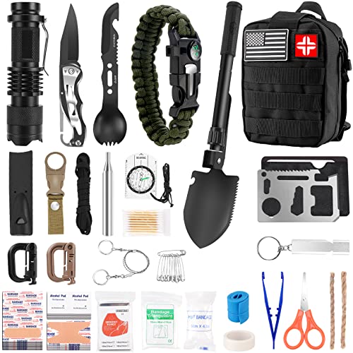 Emergency Survival Kit First Aid Kit, 121Pcs Tactical Gear Camping Gear Emergency Supplies with MOLLE Pouch, Stocking Stuffers for Men Camping Hiking Hunting Outdoor Adventure
