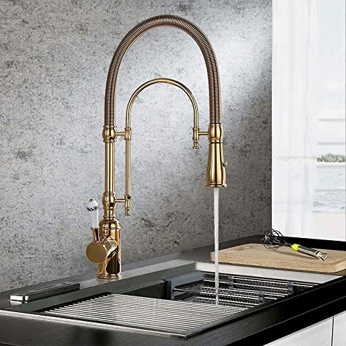 KunMai Single Handle High Arc Swiveling Dual-Mode Pull-Down Sprayer Kitchen Sink Faucet with Porcelain Handle in Polished Gold,Lead-Free Solid Brass Pre Rinse Faucet