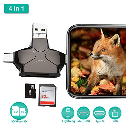 4 in 1 SD Card Reader, Enkman USB 3.0 Micro SD Card Reader Trail Camera Viewer for iPhone iPad MacBook Android, Memory Card Adapter with Lightning OTG Type C, Hunting Game Cam Photo and Video Viewer