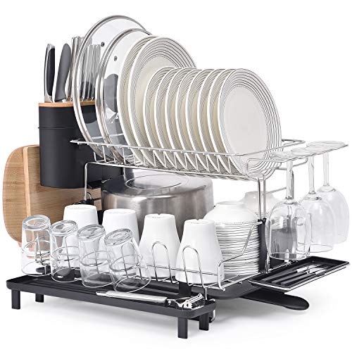 KINGRACK 2 Tier Dish Rack, 304 Stainless Steel Dish Drainer, Large Capacity Dish Drying Rack with Drip Tray, Removable Cutlery Cutting Board Wine Glasses Cups Holder & Plate Rack for Kitchen
