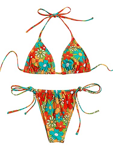 SOLY HUX Women's Floral Print Halter Triangle Tie Side Bikini Set Two Piece Swimsuits Multi Flower M